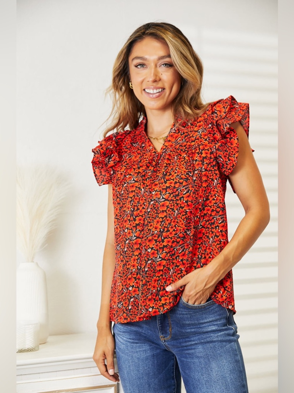 Double Take Floral Flutter Sleeve Notched Neck Blouse